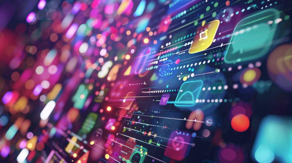 Illustration abstraite représentant le concept de publicité numérique et de données en ligne pour NumActu et Nouvo Media, avec des icônes et des éléments colorés flottant sur un fond sombre. L’image montre des lignes et des points lumineux symbolisant les connexions et les flux de données, créant un effet dynamique et vibrant